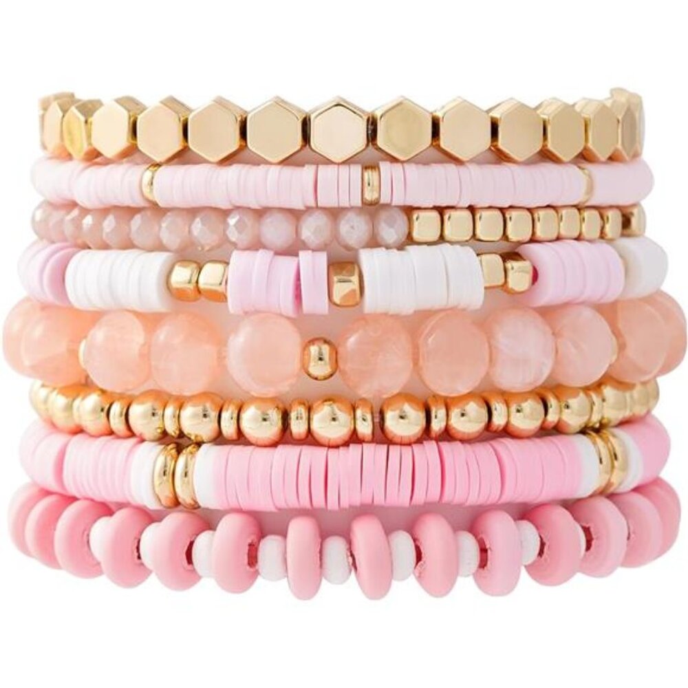 Surfer Heishi Clay Bead Bracelets for Women Bohemian Stackable Gold Light Pink